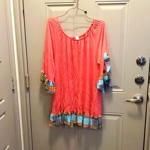 Coral Boho Tunic Top with Plaid Ruffle Sleeves